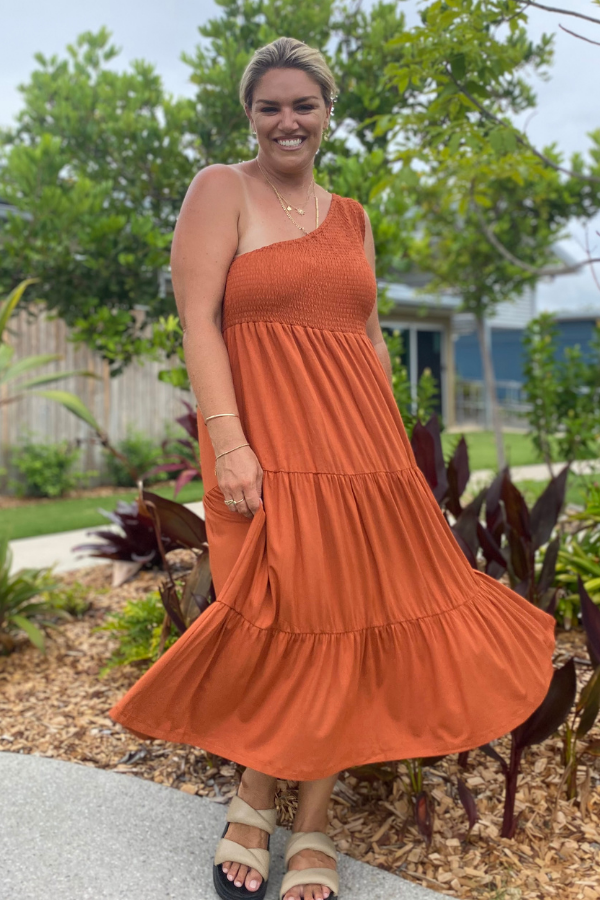 Rust one shoulder online dress