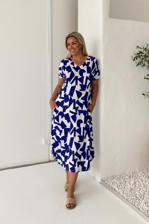 Bella Bamboo Tee Dress - Navy Abstract