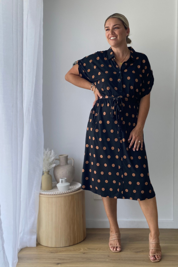 Celia Bamboo Shirt Dress - Black with Tan spot