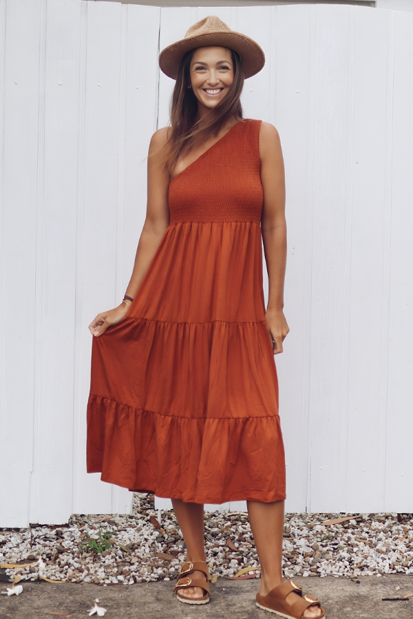 IVY ONE SHOULDER BAMBOO DRESS - RUST