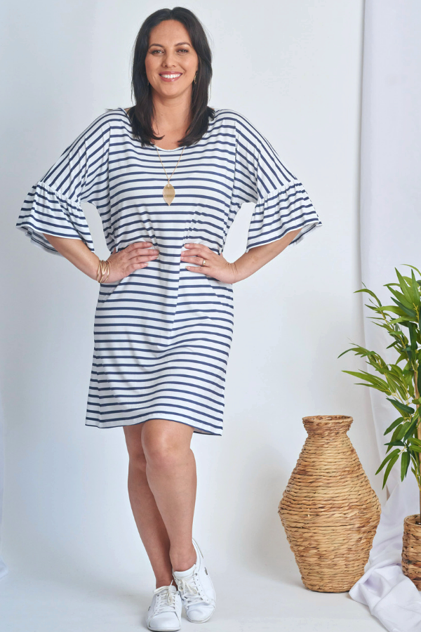 Fotini Frill Sleeve Dress - Navy Stripe