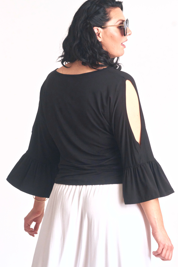 Sofia Cold Shoulder Frill Sleeve Top - Black