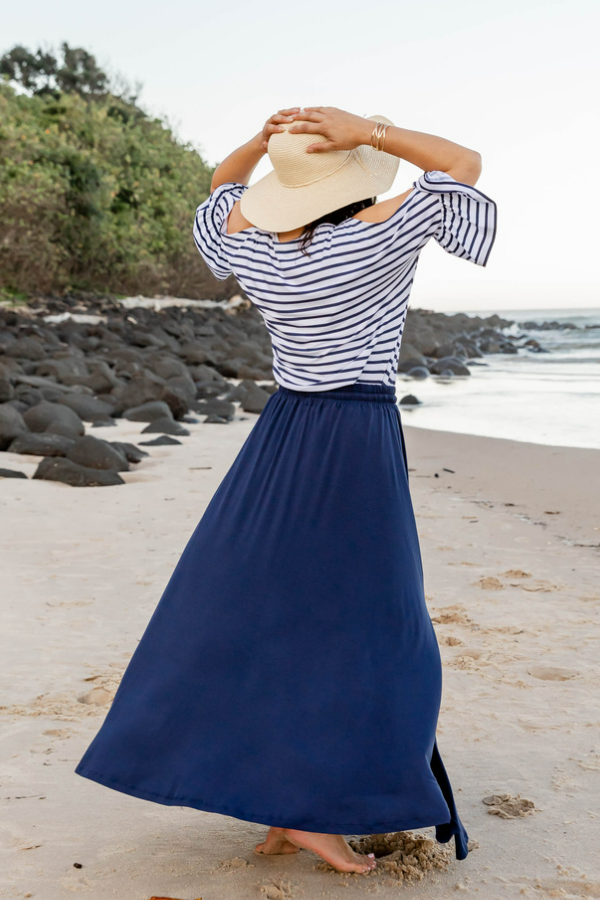 Navy maxi skirt store outfit