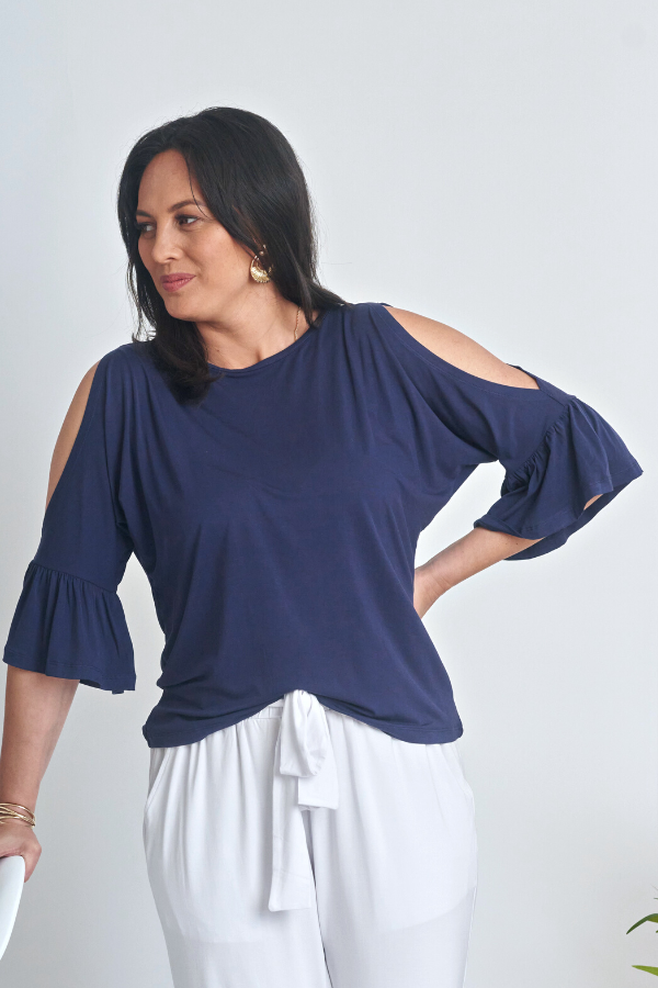 Sofia Cold Shoulder Frill Sleeve Top - Navy